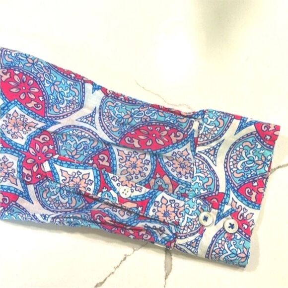 Talbots | Garden Medallion Women’s Pink Blue Petite Button Down Dress Shirt - Picture 5 of 16